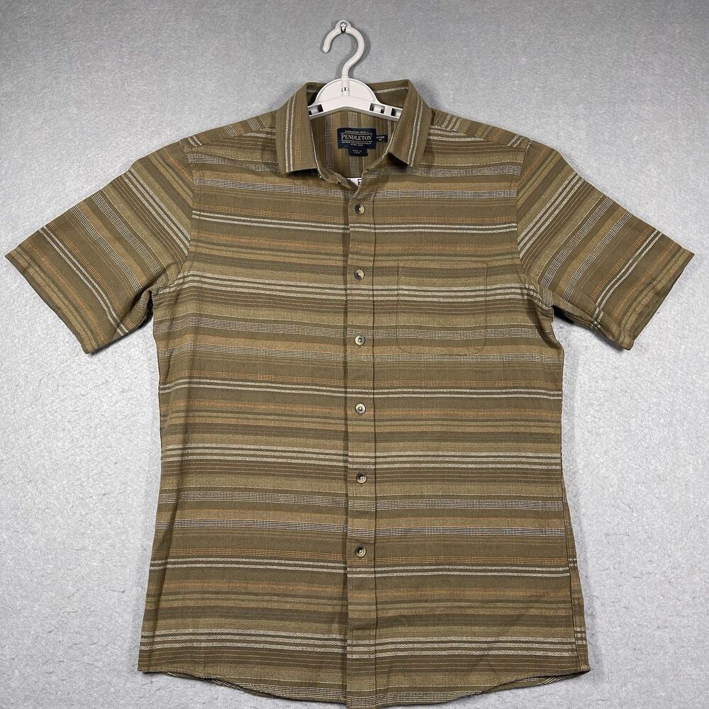 Pendleton Shirt Mens Medium Brown Rust Striped Fitted Pocket Short Sleeve Button